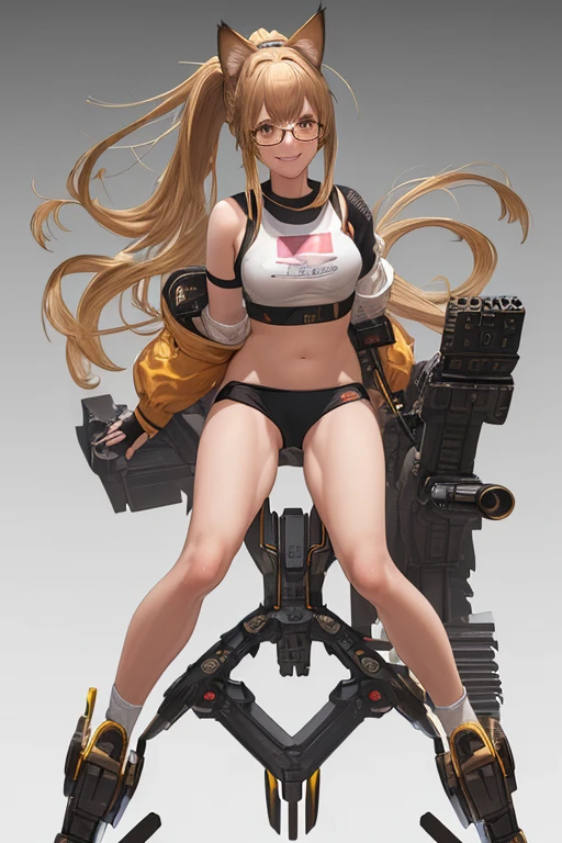 full body, High resolution, Exposed breasts, bangs, blonde, Brown Hair, ponytail, Cat ear, Head Accessories, Dutch Angle, Anatomically correct, Highest quality, High resolution, masterpiece, Accurate, Attention to detail, 超High resolution, bangs, smile, Portraits, Setting diagram, Wearing glasses, Half-rim glasses, Sportswear, Mecha Armament,