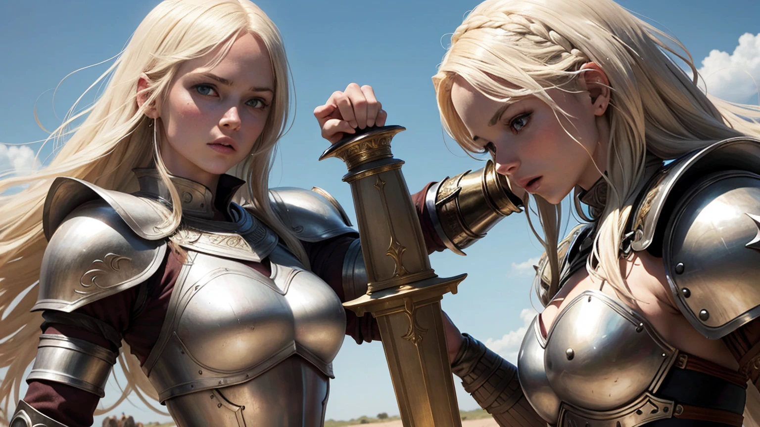 Blond girls white Womans. In armor Womans in african . Sword Fight Womans african