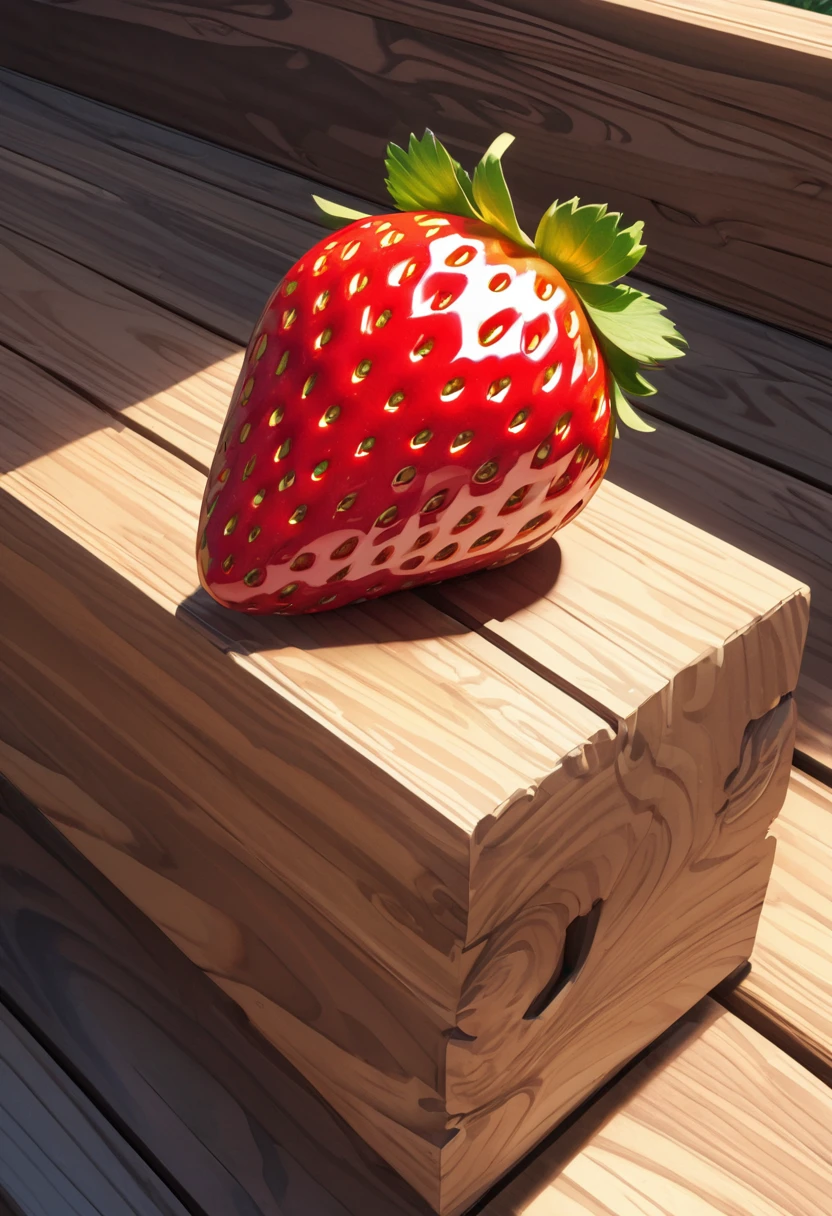 The texture of a strawberry is clear.Sophisticated and elegant...modern style.On the wooden bench next to the wood is placed.（super quality，Super detailed，Ultra-complex，extremely complex）Soft and natural light and shadow. ( perfect anatomy )Complex patterns, soft shadows, highly detailed structures, digital art, high detail, high quality