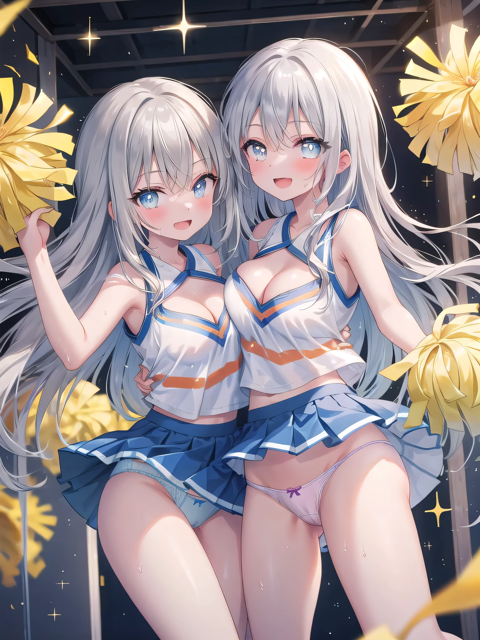 (8K, Highest Quality, Best of:1.3)), Ultra HD, (2 Girls, Duo), (Color Changing Eyes, Super Detailed, Expressive Sparkle, Sparkling Eyes), Very Detailed Eyes, Very Detailed Face, Random Hair, (Silver Grey Color), Exposed, 2 People Side by Side, Cheerleader, (Cute Panties:1.3), (Ecstatic Expression:1.6), White Skin, Seductive, Cleavage, Wet Panties, Bedroom, Touching Pussy