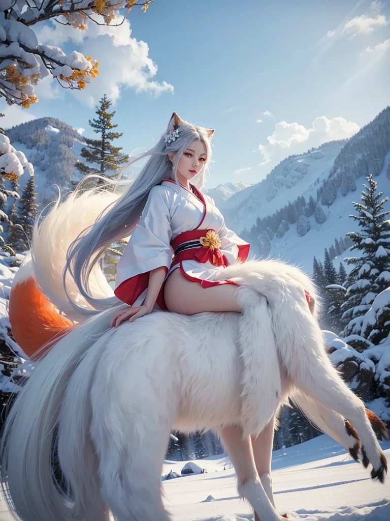 (best quality, ultra high res, beautiful woman, riding nine-tailed fox, white snowy background, kimono, long flowing hair, detailed fur texture)