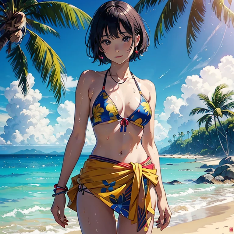 ((Highest quality, masterpiece, High resolution))、((Anime Art))、Beautiful Japanese Women、((2 people))、(2 peopleの美しい女性)、(2 peopleはなかよし)、19 years old、Cute Face、Medium Short Hair、 ((Detailed depiction of a beautiful face))、Smiling Kindly、young、Bikini Swimwear、 Small breasts、Slim figure、Photorealistic perfect body、(A pareo skirt with a bold ethnic pattern and plenty of primary colors on the waist...)、Realistic Skin、Wet、whole body、Cinematic Light、tropical、Against the background of palm trees、On the sunny beach、With the sea in the background、Blur the background、