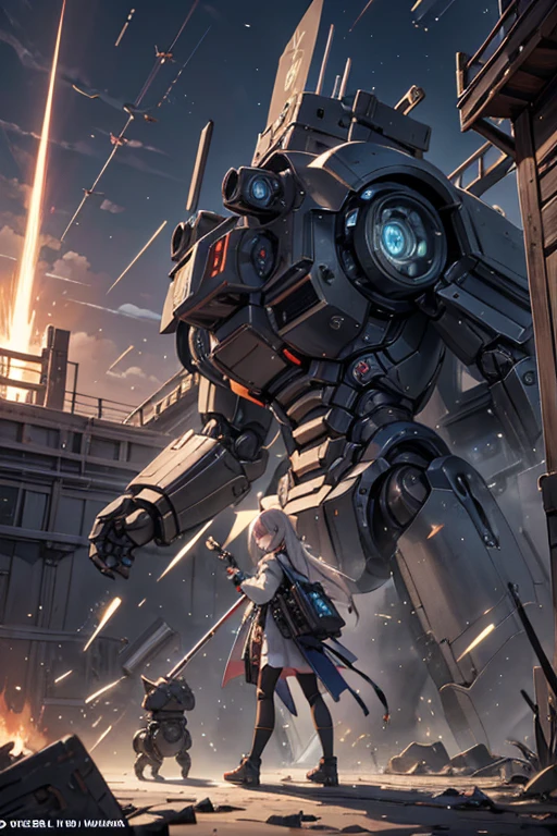 anime style, super fine illustration, masterpiece,best quality,highly detailed, dynamic angle, beautiful detailed, 8k,Break MECA,ROBOT,DROID,human_not,industry design massive,heavy armored,Break the robot is taking box,Break cat years,mecanical,weapon massive,