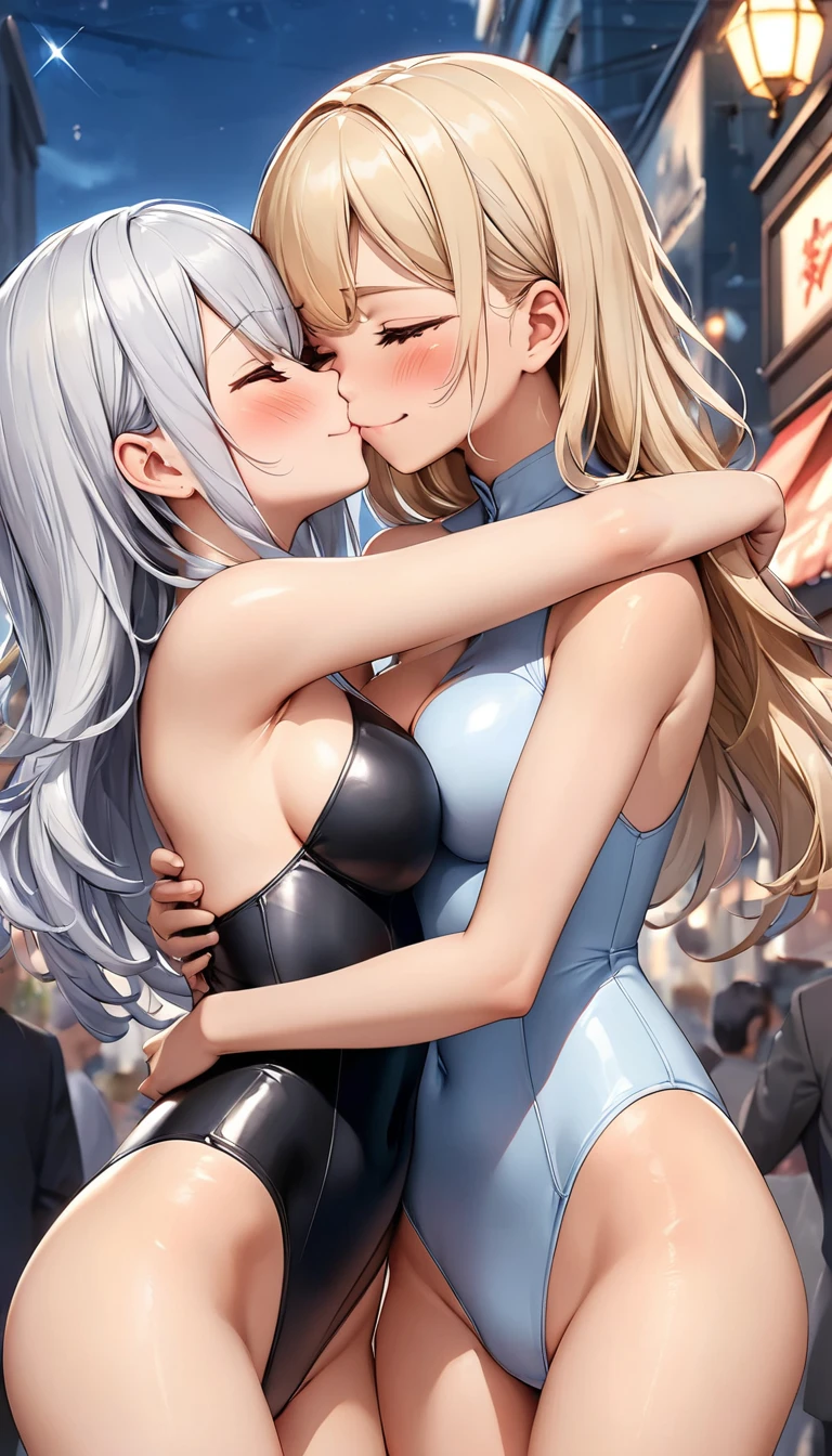 blushest of embarrassment because her in a ornate-magical-sparkly-metallic-G-string-leotard is too revealing cut away at the chest,masterpiece, Highest quality, Confused, Perfect Anatomy, Two Girls, Hug face to face, kiss, city, Outdoor, Cowboy Shot, smile, Blue hair and black hair，Cute innocent girl, A large, swaying bust, Sensual expression,Severe, Shyness,, ultra-detailed,lovely elegant,shynessembarrassed,extremely detailed, 4K, 8k, super detailed game CG, delicate, Shynessの表情, as the shynessembarrassed ceremony Group photo,in the background proudest moment,

