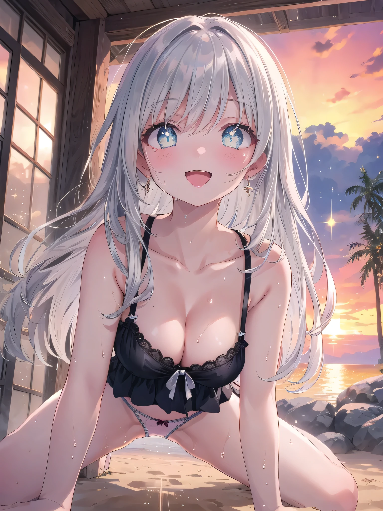 (8K, Highest Quality, Masterpiece:1.3)), Ultra HD, (2 Girls, Duo), (Color Changing Eyes, Super Detailed, Expressive Sparkle, Sparkling Eyes), Highly Detailed Eyes, Highly Detailed Face, Random Hair, (Silver Grey Color), Exposed, Side by Side, (Left Girl: Sitting with Legs Wide Open), (Right Girl: On All Fours), One Piece, (Cute :1.3), (Ecstatic Expression:1.6), White Skin, Seductive, Cleavaganties, Sandy broad, Angle from Below, Sunset