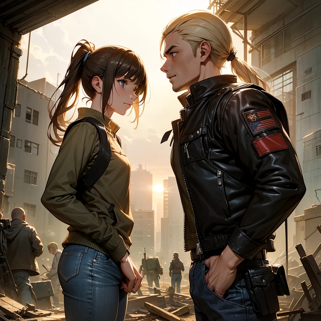 A 30-year-old man, tall and athletic, with short dark brown hair and gray eyes, wears a worn dark leather jacket, a gray shirt, and tactical pants. He stands protectively with an arm around a **************** of slender build, with long blonde hair tied in a ponytail and large blue eyes, wearing a simple outfit of a light jacket and worn jeans. The man looks protective and determined, while the girl leans into him, showing trust and gratitude. Set in a post-apocalyptic environment with ruined buildings and small plants growing among the debris. The sky is cloudy, with sun rays breaking through, softly illuminating the scene. The atmosphere conveys protection and care, with a backpack on the ground suggesting their shared struggle. Realistic art style, with warm, earthy colors emphasizing the emotional connection. Soft, warm lighting highlights the intimate moment, with shadows adding depth to the bond between them.