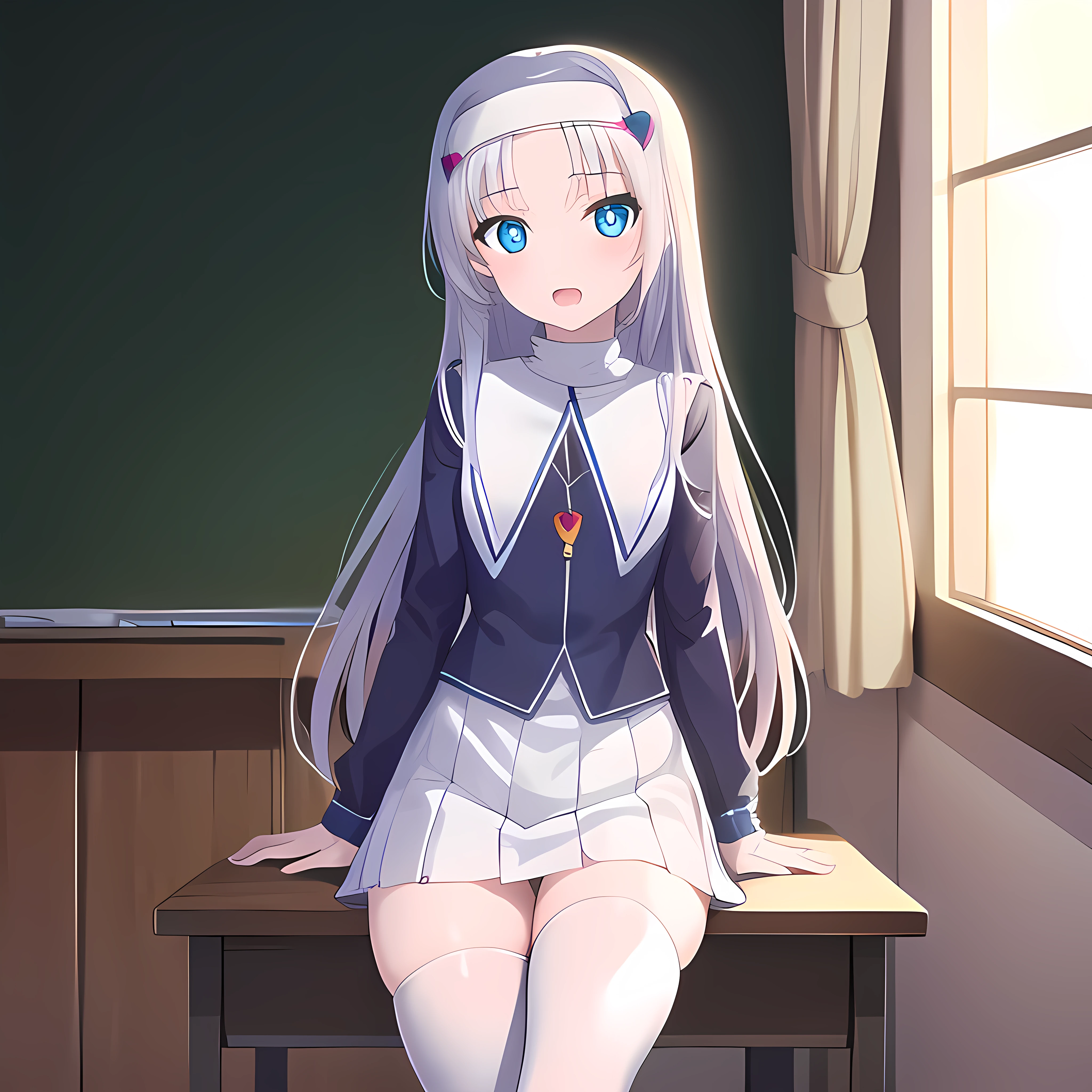 mariatakayama, maria takayama, long hair, blue eyes, fang, aqua eyes,
BREAK jewelry, heart, necklace, nun, habit, white short skirt, mid thigh stockings
BREAK indoors, classroom, seated on desk
BREAK (masterpiece:1.2), best quality, high resolution, unity 8k wallpaper, (illustration:0.8), (beautiful detailed eyes:1.6), extremely detailed face, perfect lighting, extremely detailed CG, (perfect hands, perfect anatomy)