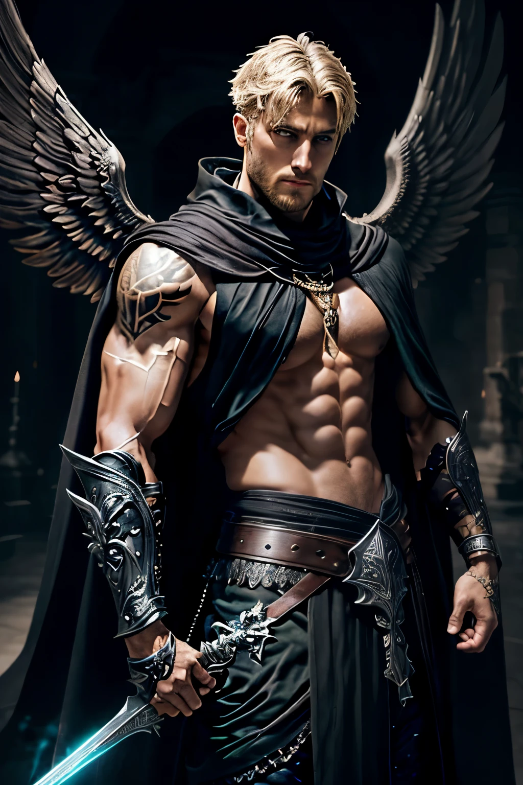 An imposing angelic warrior, black wings, dark wings with SHORT HAIRS SHORT HAIR short, blond hair, a stubble beard, and pointy wolf ears. He sports a muscular physique with a large chest. His eyes are gold with a hint of green, and he has glowing angelic tattoos on his arm. He wears ornate bracelets and a belt adorned with animal skins and trinkets. He has simple, handcrafted leather armor. He is draped in a cloak that may hide his black angelic wings. In a dynamic pose, he is holding King Arthur's Excalibur