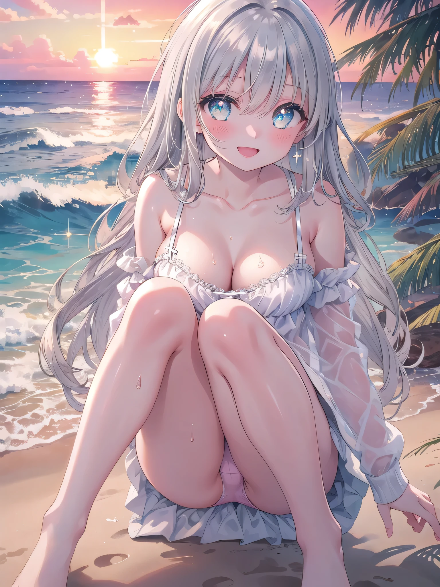 (8K, Highest Quality, Masterpiece:1.3)), Ultra HD, (2 Girls, Duo), (Color Changing Eyes, Super Detailed, Expressive Sparkle, Sparkling Eyes), Highly Detailed Eyes, Highly Detailed Face, Random Hair, (Silver Grey Color), Exposed, Side by Side, (Left Girl: Sitting with Legs Wide Open), (Right Girl: On All Fours), One Piece, (Cute Panties:1.3), (Ecstatic Expression:1.6), White Skin, Seductive, Cleavage, Wet Panties, Sandy Beach Abroad, Angle from Below, Sunset