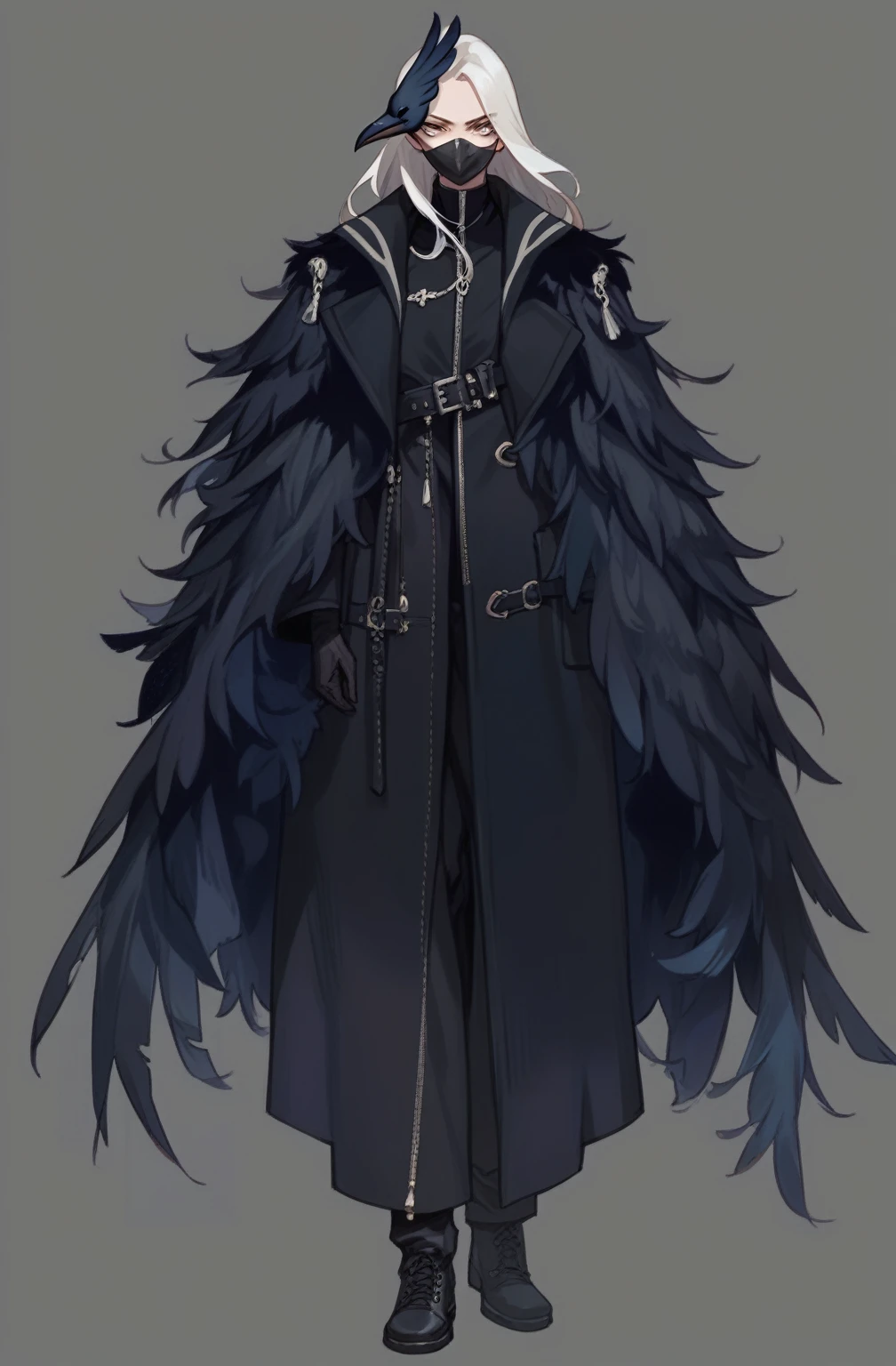 white hair woman, Long hair, feather cape, crow mask, black pants, black trench coat.
