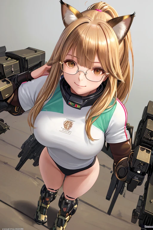 full body, High resolution, Exposed breasts, bangs, blonde, Brown Hair, ponytail, Cat ear, Head Accessories, Dutch Angle, Anatomically correct, Highest quality, High resolution, masterpiece, Accurate, Attention to detail, 超High resolution, bangs, smile, Portraits, Setting diagram, Wearing glasses, Half-rim glasses, Sportswear, Mecha Armament,