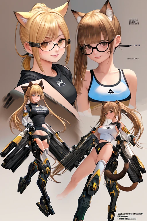 full body, High resolution, Exposed breasts, bangs, blonde, Brown Hair, ponytail, Cat ear, Head Accessories, Dutch Angle, Anatomically correct, Highest quality, High resolution, masterpiece, Accurate, Attention to detail, 超High resolution, bangs, smile, Portraits, Setting diagram, Wearing glasses, Half-rim glasses, Sportswear, Mecha Armament,