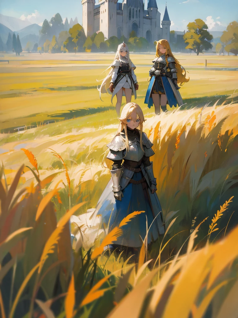 an oil painting of 2 girls in a field, standing near grass, long blonde hair, blue eyes, wearing white armor, castle, absurdres, high res, ultrasharp, 8K, masterpiece, looking at viewer