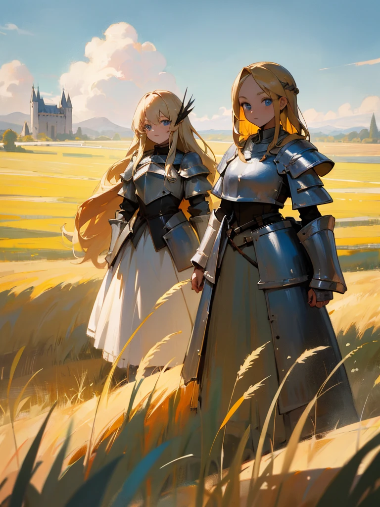 an oil painting of 2 girls in a field, standing near grass, long blonde hair, blue eyes, wearing white armor, castle, absurdres, high res, ultrasharp, 8K, masterpiece, looking at viewer 