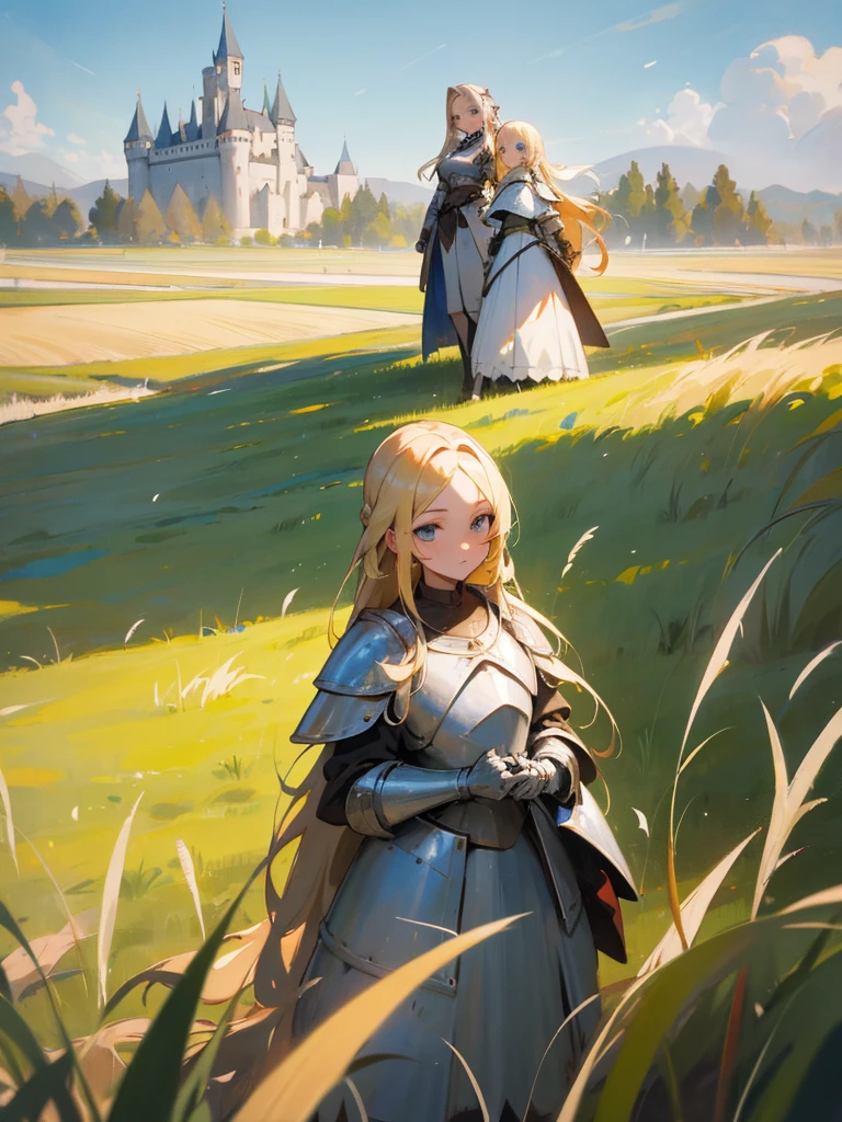 an oil painting of 2 girls in a field, standing near grass, long blonde hair, blue eyes, wearing white armor, castle, absurdres, high res, ultrasharp, 8K, masterpiece, looking at viewer 