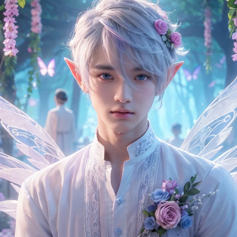 Handsome boy, Gray Hair, blue eyes, wearing pink and light blue flower crown, Wearing White Barong Tagalog, Elf Ears, "Surrounded by water color, pink, and purple light, Magical forest background