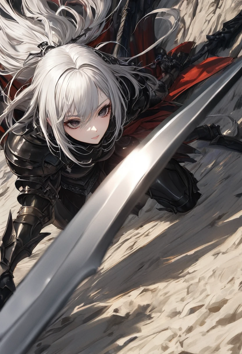 punctuation_9, punctuation_8_High above, punctuation_7_High above, textura de pele realista, detailed image of the anime, HD32k, hight contrast, textura de pele realista, dark eye makeup, beautiful female warrior, long white hair, medium breasts, aretes, dark and black fantasy armor with red cape, with two swords, on a deserted battlefield, bodies on the ground, facefocus