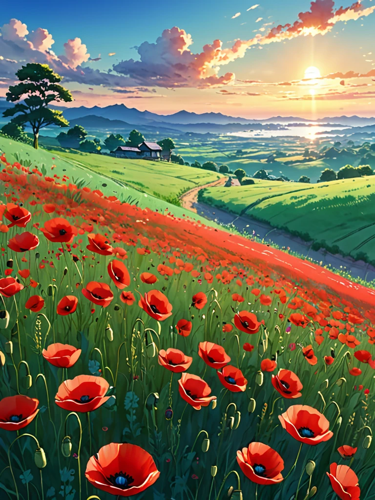 ((Masterpiece,best quality))a painting of a field of red poppies, anime countryside landscape, anime landscape, background of flowery hill, anime scenery, anime. by makoto shinkai, anime scenery concept art, anime beautiful peace scene, anime landscape wallpaper, anime nature wallpap, anime nature, by Makoto Shinkai, by makoto shinkai, beautiful anime scenery, anime background art ,4k hd, cloud,beautiful art uhd 4 k, a beautiful artwork illustration, beautiful digital painting, highly detailed digital painting, beautiful digital artwork, detailed painting 4 k, very detailed digital painting, rich picturesque colors, gorgeous digital painting