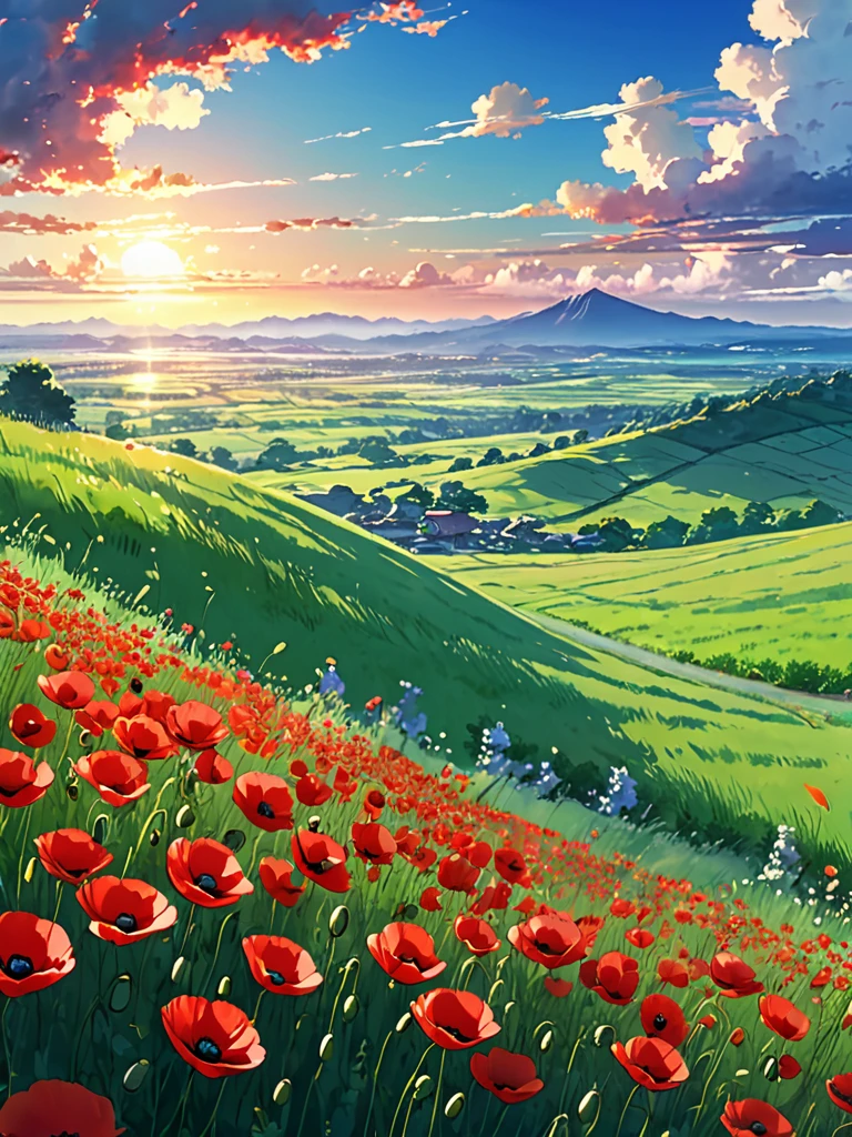 ((Masterpiece,best quality))a painting of a field of red poppies, anime countryside landscape, anime landscape, background of flowery hill, anime scenery, anime. by makoto shinkai, anime scenery concept art, anime beautiful peace scene, anime landscape wallpaper, anime nature wallpap, anime nature, by Makoto Shinkai, by makoto shinkai, beautiful anime scenery, anime background art ,4k hd, cloud,beautiful art uhd 4 k, a beautiful artwork illustration, beautiful digital painting, highly detailed digital painting, beautiful digital artwork, detailed painting 4 k, very detailed digital painting, rich picturesque colors, gorgeous digital painting