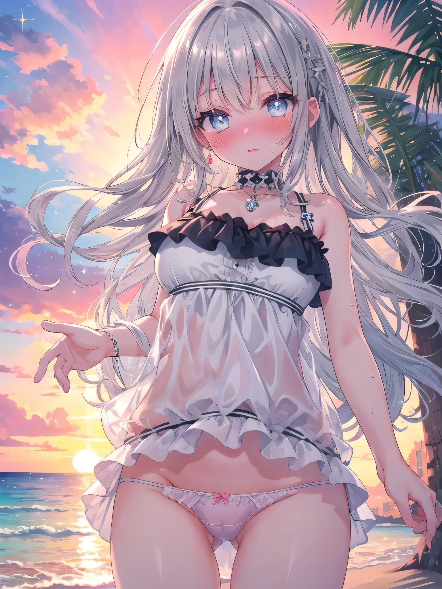(8K, Highest Quality, Masterpiece:1.3)), Ultra HD, (2 Girls, Duo), (Color Changing Eyes, Super Detailed, Expressive Sparkle, Sparkling Eyes), Very Detailed Eyes, Very Detailed Face, Random Hair, (Silver Grey Color), Exposed, Side by Side, Pinching Erect Nipples, One Piece, (Cute Panties:1.3), (Blush:1.3), Breath, White Skin, Seductive, Cleavage, Wet Panties, Sandy Beach Abroad, Angle from Below, Sunset