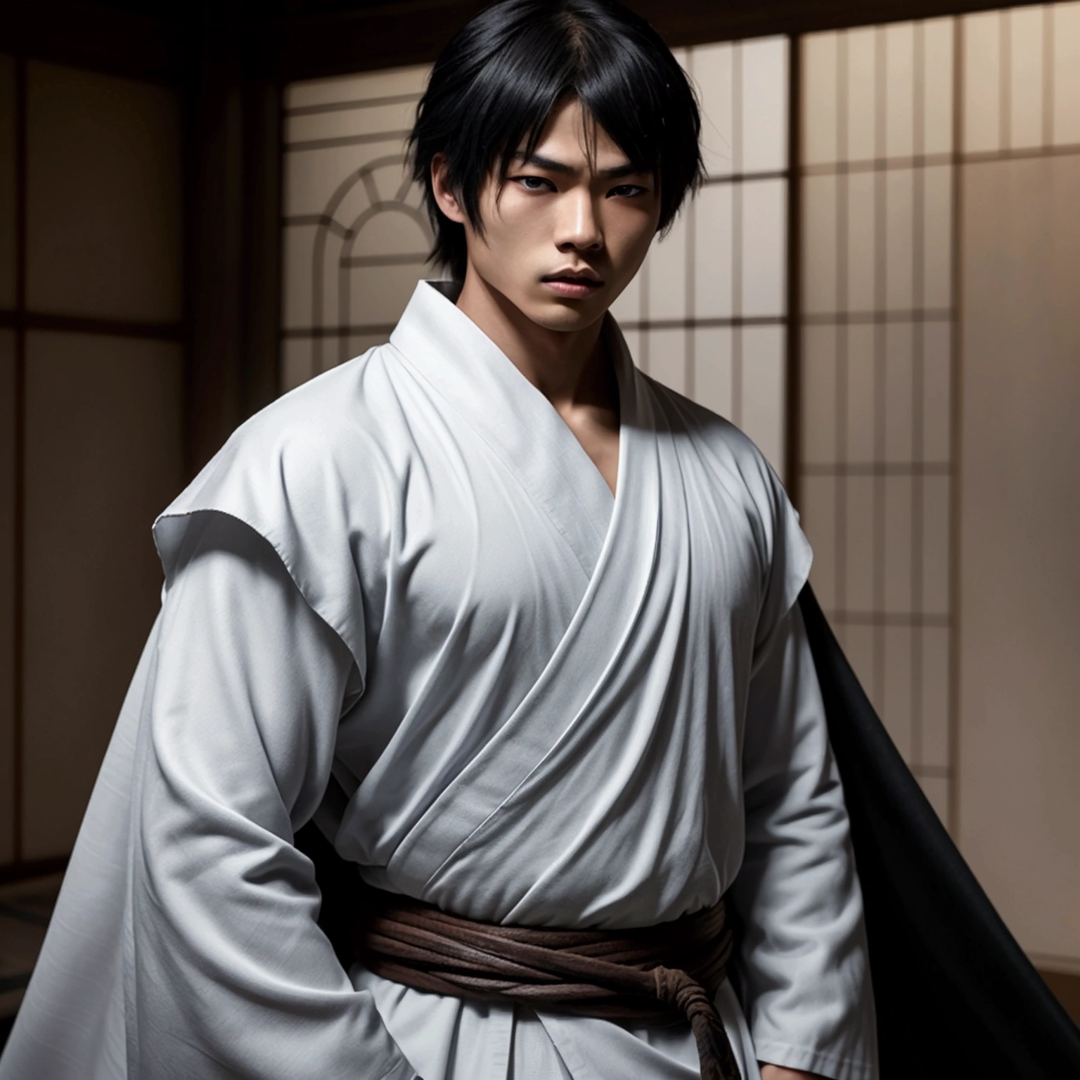 an eighteen year old Japanese man with a razualvemte full physique, have fair skin, I want you to have blue eyes and your hair covers your left eye with bangs, one eye covered by bangs, has a serious expression, and wears a white kimono, has a black cape on its back and has a strong look.. captured in an ultra-realistic full HD 4K portrait, detailed texture showing its menacing shape, Immersive atmosphere, high definition shadow play, digitalpainting, nevoa no environment. he is a swordsman.