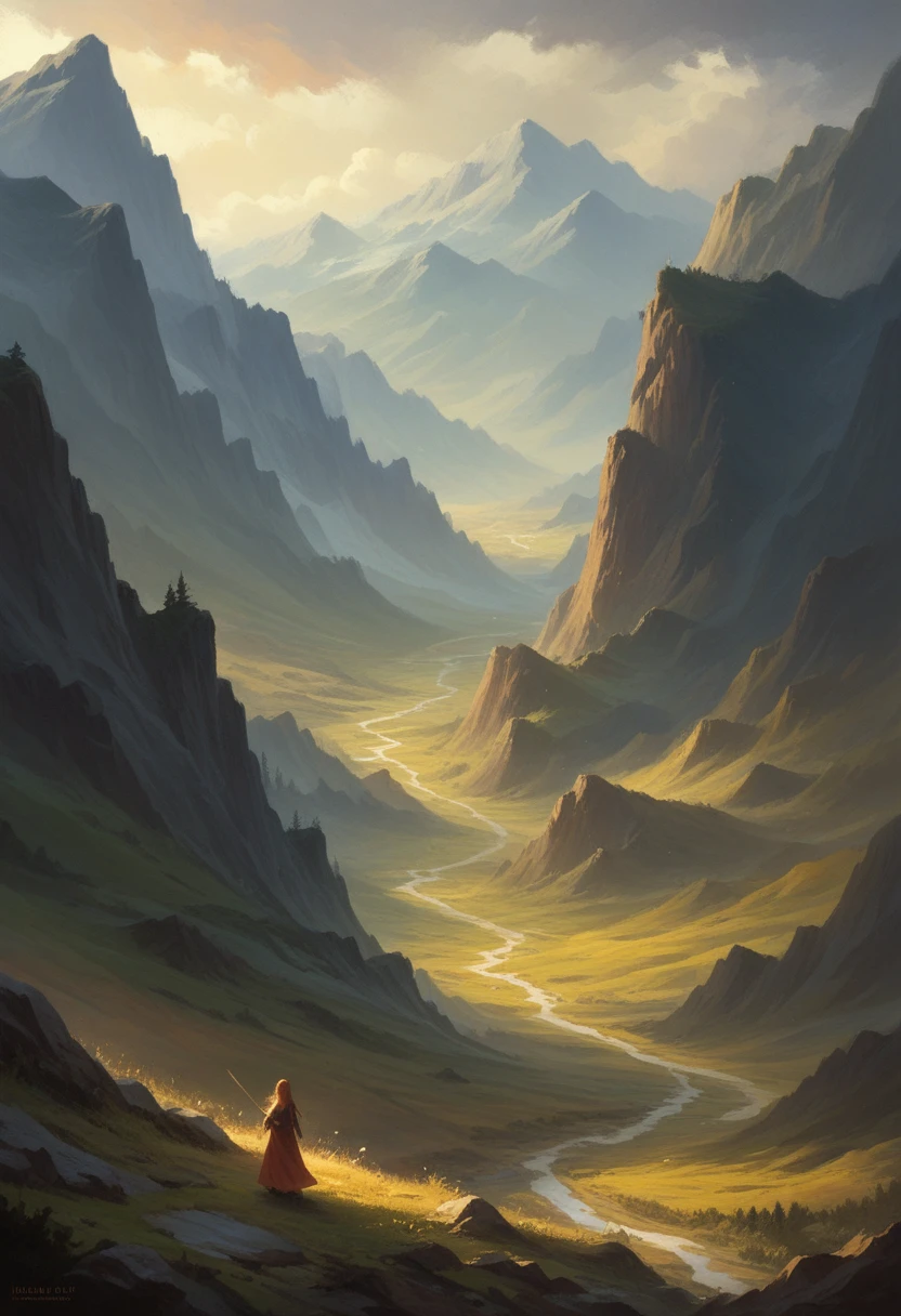 The painting style is calm and the lights are yellow.. The houses are nestled among the distant mountains., and the willows in the yard sway in the wind. Several layers of light red curtains add a bit of mystery to the deep landscape., the woman is alone, her long hair is spread at will, and his figure looms, with a slight smile.