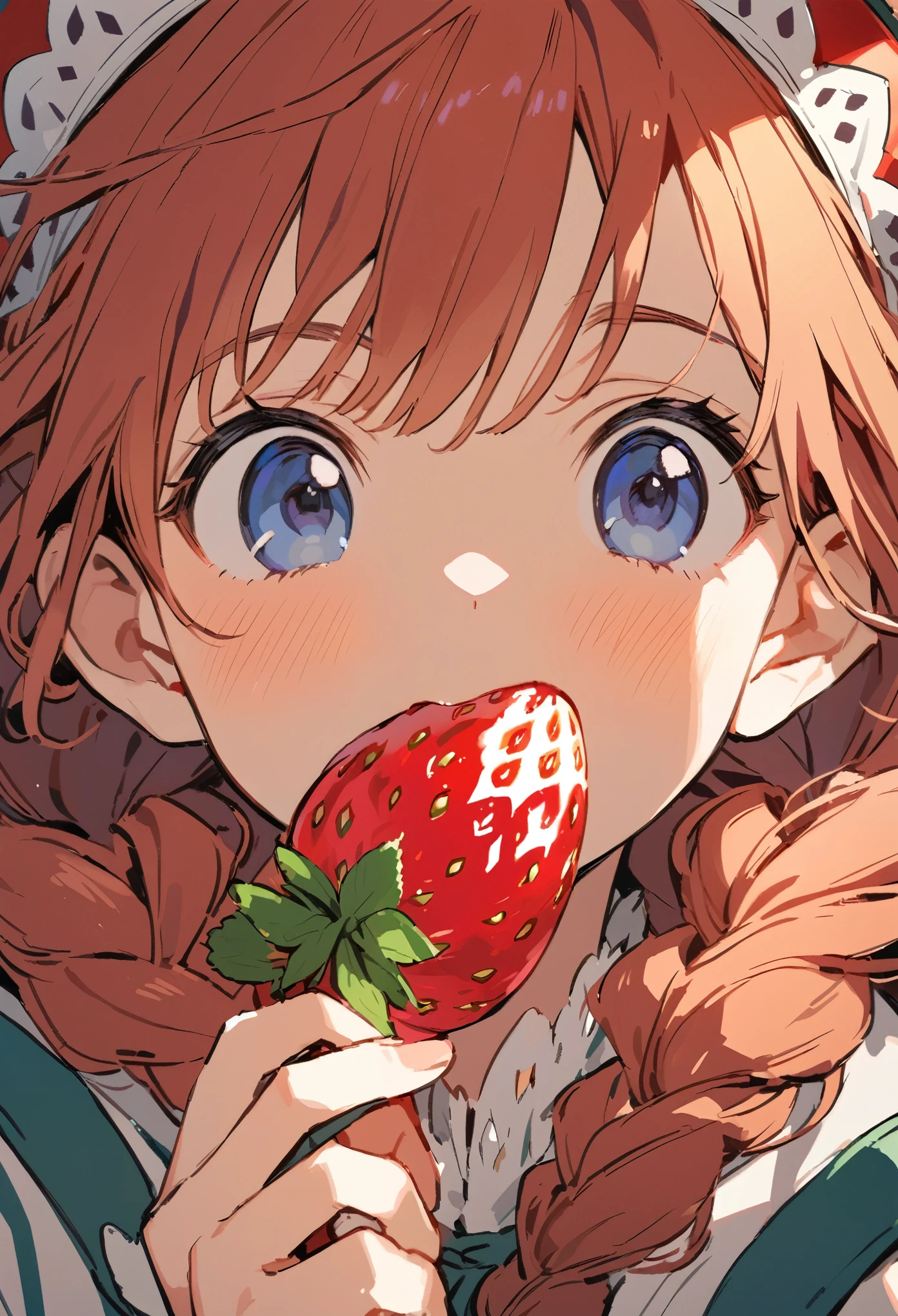 Ghibli, A girl eating a large strawberry with gusto, Face close-up