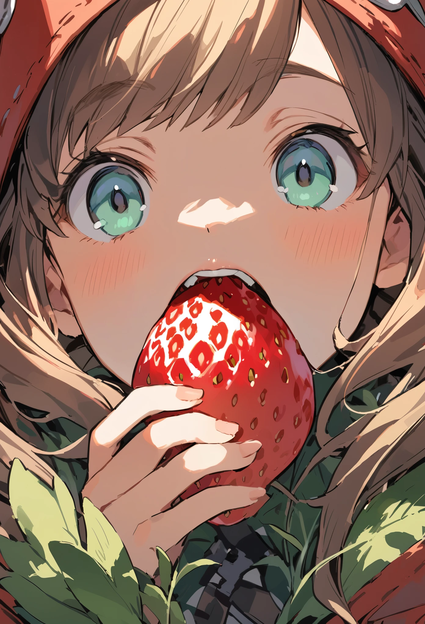 Ghibli, A girl opens her mouth wide and eats a large strawberry with gusto, Face close-up