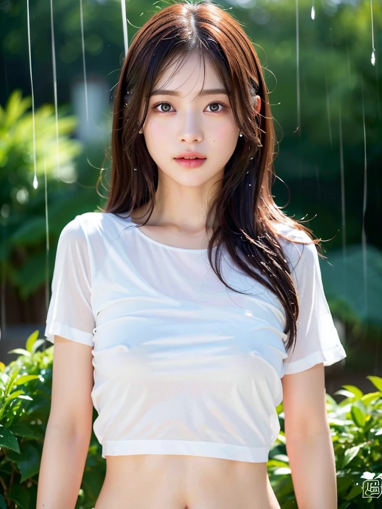 (masterpiece:1.3), (8k, Realistic, RAW Photos, Best image quality: 1.4), (Random Hairstyles:1.2)、(Highly detailed face)、Attention to detail、double eyelid、(Dark Eyes),(Sharp focus:1.2)、((whole body:1.7)),One Woman、Beautiful woman:1. 4,20-year-old woman、smile,Woman with a perfect body,Beautiful Abs,Chest-length hair、Highest quality、masterpiece、Ultra-high resolution、(Realistic:1.4)、super high quality、Symmetrical face、The face is very realistic、Photo level、8k最高画質はフル、Sebaceous reflex、The face is very realistic、Extremely realistic skin、Realistic light and shadow effects、(Pure and elegant girl),Professional Lighting、Swayback,Beautiful thighs,Sexy pose,((Underarm)),Seductive pose,((outside,rain)),((cloudy,evening)),(天気はrain:1.5),T-Shirts,(濡れたT-Shirts,透けてるT-Shirts,Wet body),(透明なT-Shirts),See-through body,(panties)