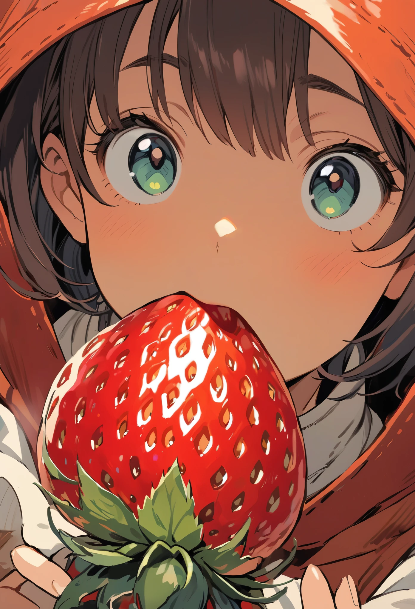 Ghibli, A girl stares longingly at a large strawberry with her mouth wide open, Face close-up