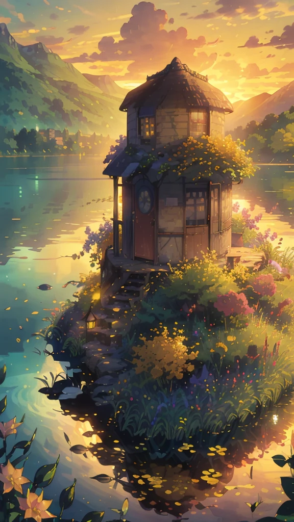 (masterpiece:1), (wide view:1.7),(red hut near a lake:1.9), (nature:1.3), (sunset time:1.6), (yellow and orange trees:1.65), silence, (ghibli style:1.5), (lily leaves:1.5), (reflection:1.7), (bright light:1.5), magnificent sky, (volumetric light:1.2), peaceful, (ripples:1.4), (covered with yellow Bougainville flowers:1.5),(dim light:1.3), (calmness:1.3), (vibrant colors:1.5), (scenery:1.4), (beautiful aesthetics:1.2), (landscape:1.5), (muddy path:1.4) beautiful tones, subtle colors, peaceful, (illustration: 1.0), epic composition, realistic lighting, (no human:1.6), HD details, masterpiece, best quality, ,
