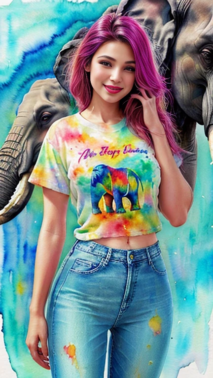 a tropical painting with elephants, splatter background, elephants design t-shirt and jeans, woman upper body centered, multi-color hair, big happy smile, watercolor art, watercolor painting, watercolor painting style, watercolor detailed art, watercolor digital painting, watercolor paint, masterfully detailed watercolor, watercolor art