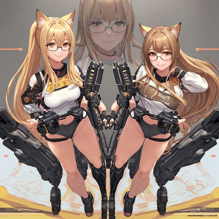 full body, High resolution, Exposed breasts, bangs, blonde, Brown Hair, ponytail, Cat ear, Head Accessories, Dutch Angle, Anatomically correct, Highest quality, High resolution, masterpiece, Accurate, Attention to detail, 超High resolution, bangs, smile, Portraits, Setting diagram, Wearing glasses, Half-rim glasses, Sportswear, Mecha Armament,