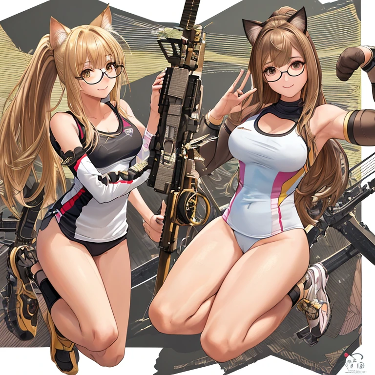 full body, High resolution, Exposed breasts, bangs, blonde, Brown Hair, ponytail, Cat ear, Head Accessories, Dutch Angle, Anatomically correct, Highest quality, High resolution, masterpiece, Accurate, Attention to detail, 超High resolution, bangs, smile, Portraits, Setting diagram, Wearing glasses, Half-rim glasses, Sportswear, Mecha Armament,