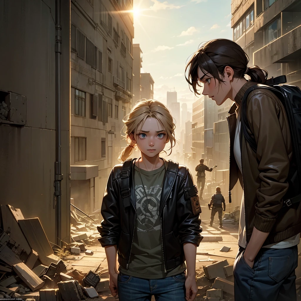 A 30-year-old man, tall and athletic, with short dark brown hair and gray eyes, wears a worn dark leather jacket, a gray shirt, and tactical pants. He stands protectively with an arm around a **************** of slender build, with long blonde hair tied in a ponytail and large blue eyes, wearing a simple outfit of a light jacket and worn jeans. The man looks protective and determined, while the girl leans into him, showing trust and gratitude. Set in a post-apocalyptic environment with ruined buildings and small plants growing among the debris. The sky is cloudy, with sun rays breaking through, softly illuminating the scene. The atmosphere conveys protection and care, with a backpack on the ground suggesting their shared struggle. Realistic art style, with warm, earthy colors emphasizing the emotional connection. Soft, warm lighting highlights the intimate moment, with shadows adding depth to the bond between them.