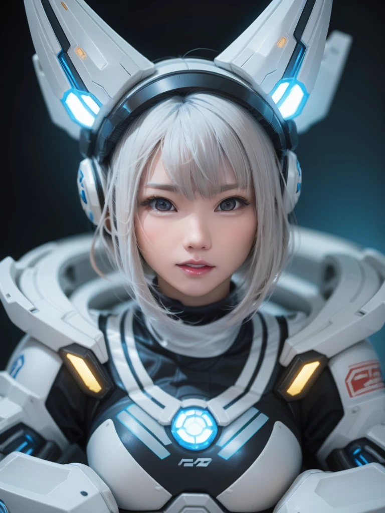 Photo of a Japanese female android in her mid-twenties made from glossy white and silver translucent glass and plastic, Silver-colored metal internals, Dynamic pose, Flowing organic structure, Shiny gold circuit, colorful Neon Trim, Glowing Circuit, Neon Trim, Depth of Field Focus F/2.8, art：H.R. Giger, Greg Rutowski、High resolution, Highest quality, 