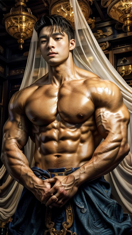 disconsolate,Ambient,artistic conception,large scene,The wind blew up the white curtains,Dattain lamps,Diffuse light,chest muscle,Shirtless, stubbles, Sideburns, musculature, Strong handsome korean guy,body builder,many hands, multiple hands god , Hanfu,Golden blue、Jing Qing Moqing、Plain cherry blue,Junyi,Dignified atmosphere,Temperament,Short hair, Flat-headed beautiful man,The light is gentle,The scene comes to life