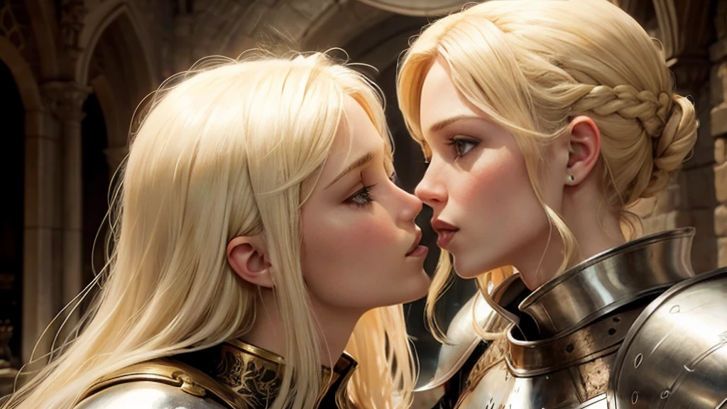 Blond girls white  Womans. In armor kiss