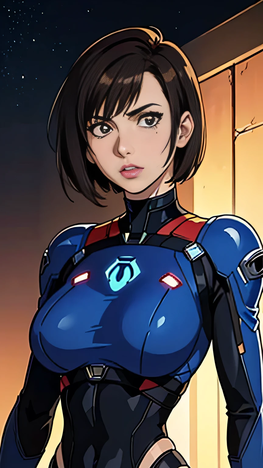 photo of mlp Meowko, RAW, beautiful woman, ((portrait)), ((detailed face:1.2)), ((anime face, anime facial feature, clear skin, glossy anime lips, clear skin), (short messy lesbian haircut, brunette: 1.55), (perfect proportioned body, Strong, muscular, narrow waist, narrow hips, skinny, large breasts), (wearing low cut v-neckrevealing mass effect plug suit armor), (high detailed alien planet background), (realistic photo, best quality, detailed), (8k wallpaper), (cinematic lighting, beautiful light, (night:1.3)) (sharp focus, intricate)