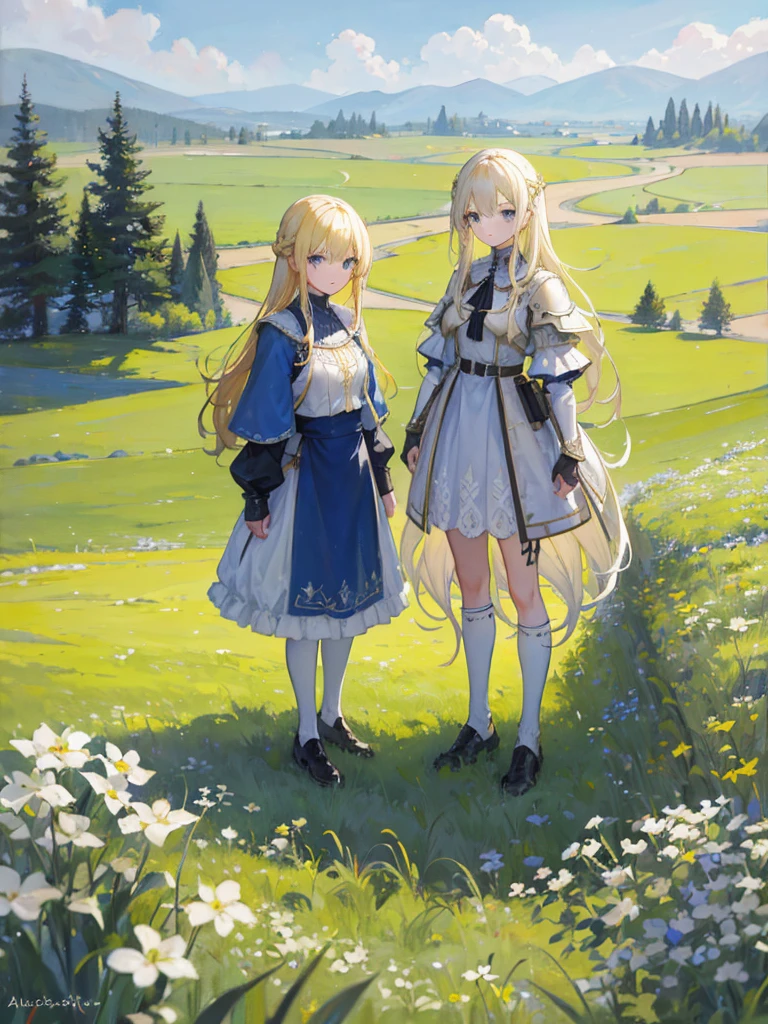 an oil painting of 2 girls in a field, standing near grass, long blonde hair, blue eyes, wearing white armor, castle, absurdres, high res, ultrasharp, 8K, masterpiece, looking at viewer
