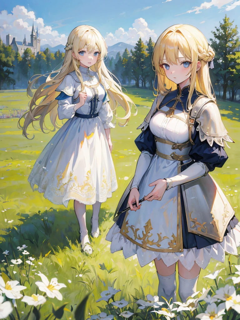 an oil painting of 2 girls in a field, standing near grass, long blonde hair, blue eyes, wearing white armor, castle, absurdres, high res, ultrasharp, 8K, masterpiece, looking at viewer 