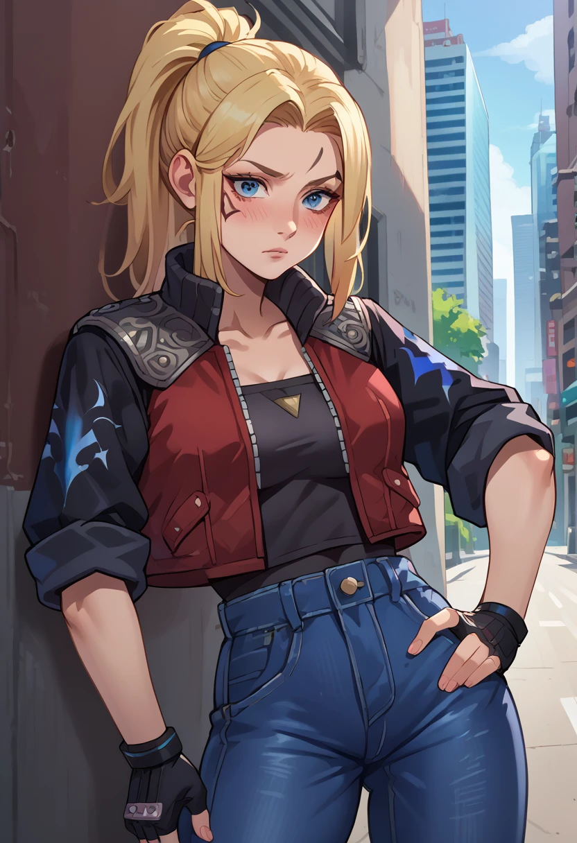 score_9, score_8_up, score_7_up, 1girl, solo, (female:1.5), female focus, female body, solo, zell, solo, blue eyes, gloves, jacket, blonde hair, long hair, medium ponytail, tattoo, gloves, facial tattoo, red jacket, black jacket, two-colours jacket, black shirt, fingerless gloves, denim, standing, blushing,thoughtful face, grabbing own chin, hand on hip, city, 