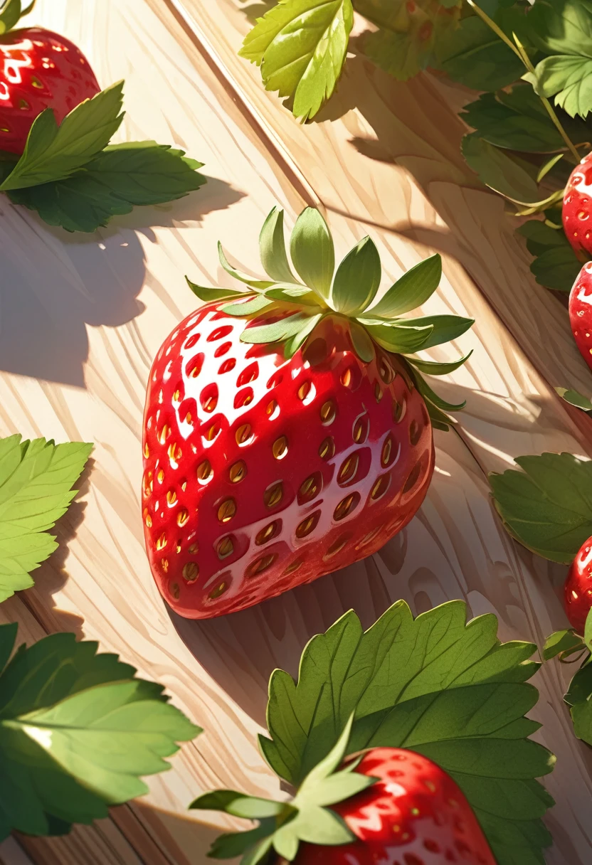 The texture of a strawberry is clear.A strawberry with leaves is delicate and elegant...modern style.on wooden table.（super quality，Super detailed，Ultra-complex，extremely complex）Soft and natural light and shadow. ( perfect  )Complex patterns, soft shadows, highly detailed structures, digital art, high detail, high quality