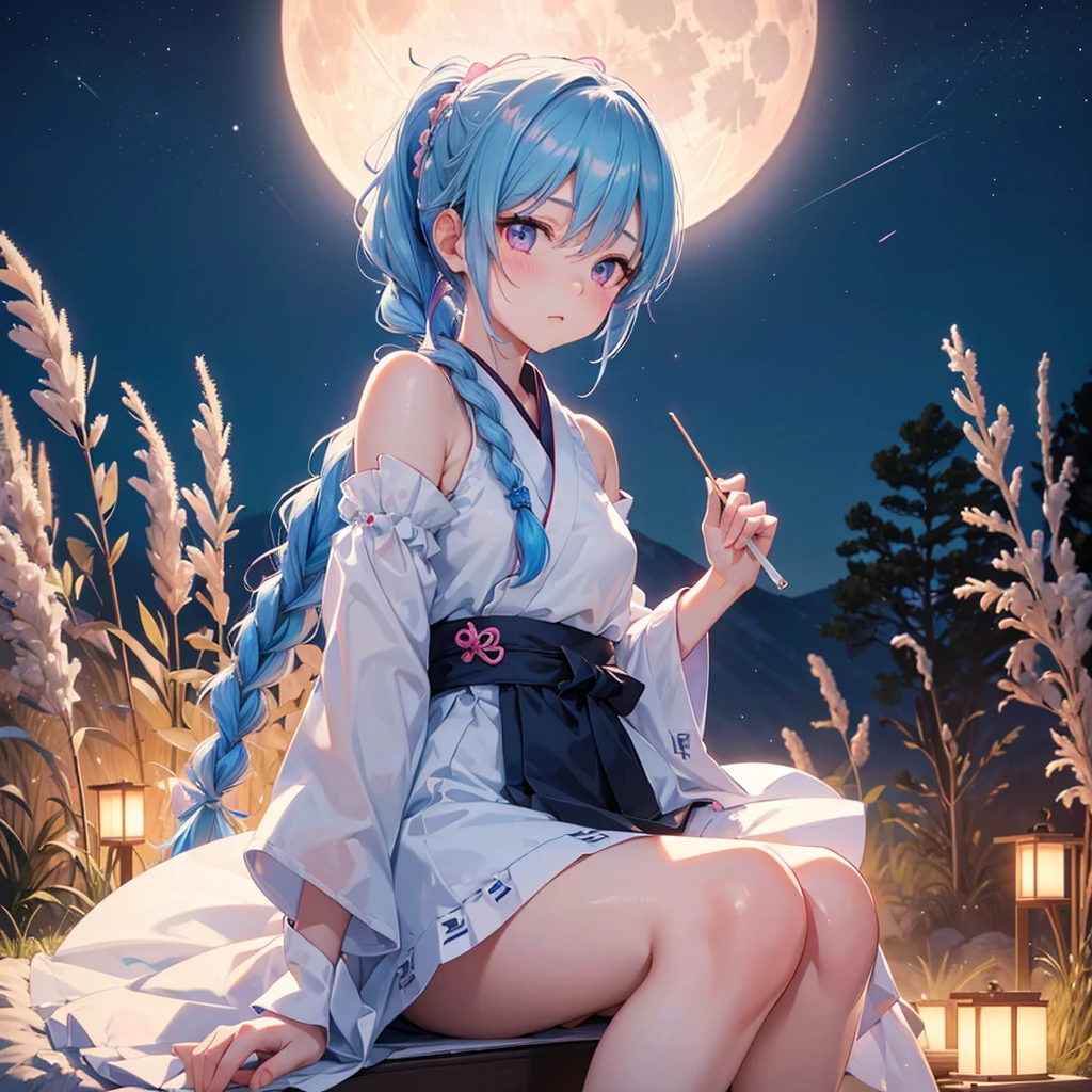 Sky blue hair, (Braided Ponytail:1.2), Pink eyes,Fair skin ,(whole body),(One Girl),Tsukimi,(White sweet dumplings ),White round dumplings,Japanese pampas grass,(beautiful, Full moon shining in the night sky),(masterpiece, Highest quality, Very detailed, Best Shadow), (Detailed Background), (Beautifully detailed face), High Contrast, (Best lighting, Very delicate and beautiful), ((Cinematic Light)), colorful, Hyper Detail,8k, Dramatic Light, Intricate details,Sit and eat dumplings while watching the moon,(Shadow of a rabbit on the moon),mysterious