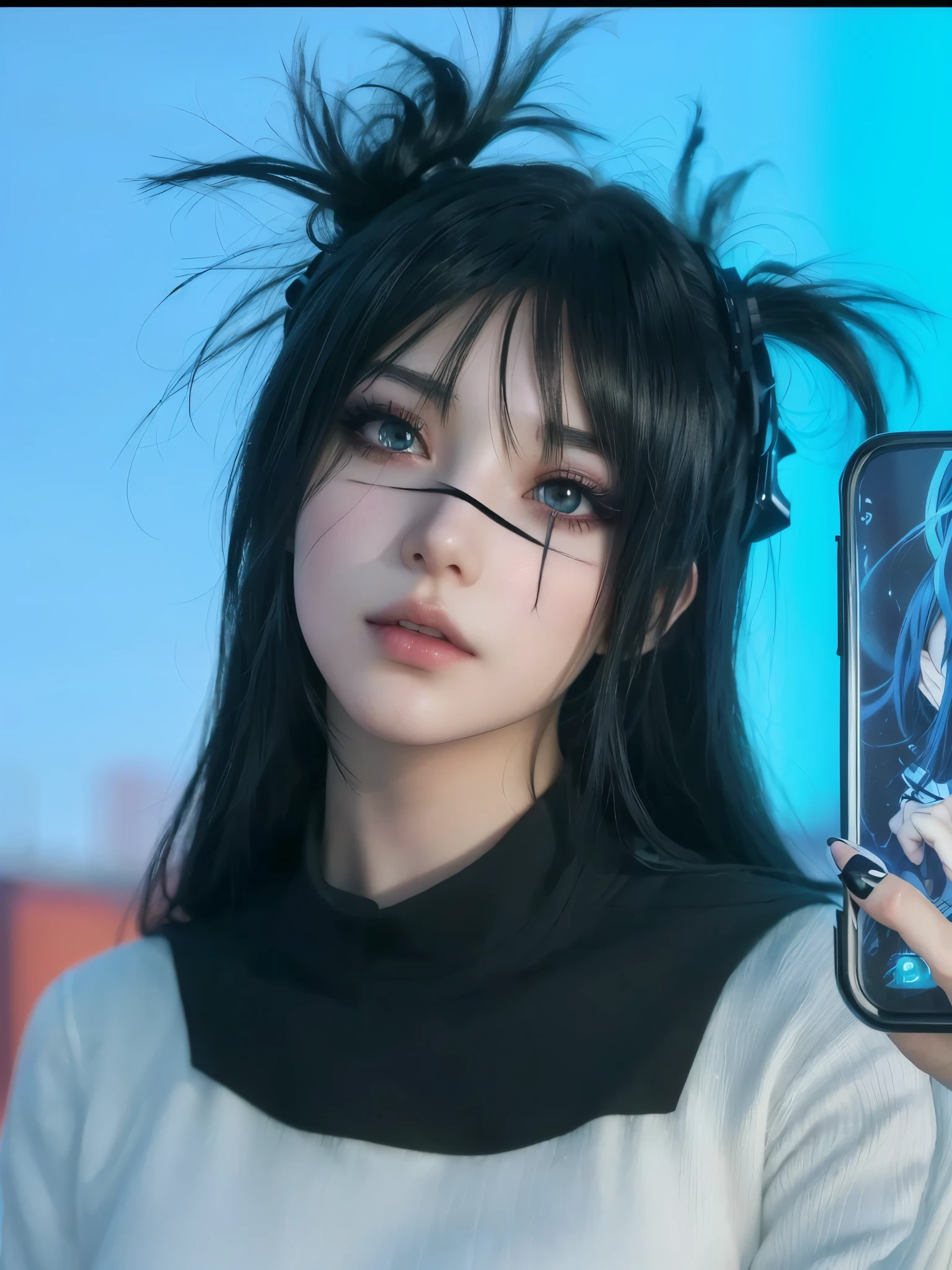 anime girl with black hair and black eyeliner holding a cell phone, 1 7 Year Old Goth Anime Girl, anime-inspired, anime girl in real life, Realistic Anime 3 d style, beautiful cyberpunk girl face, anime realism style, hyper Realistic Anime, jet black hair cyberpunk girl, Realistic Anime, anime styling, jovem Realistic Anime, goth girl aesthetic