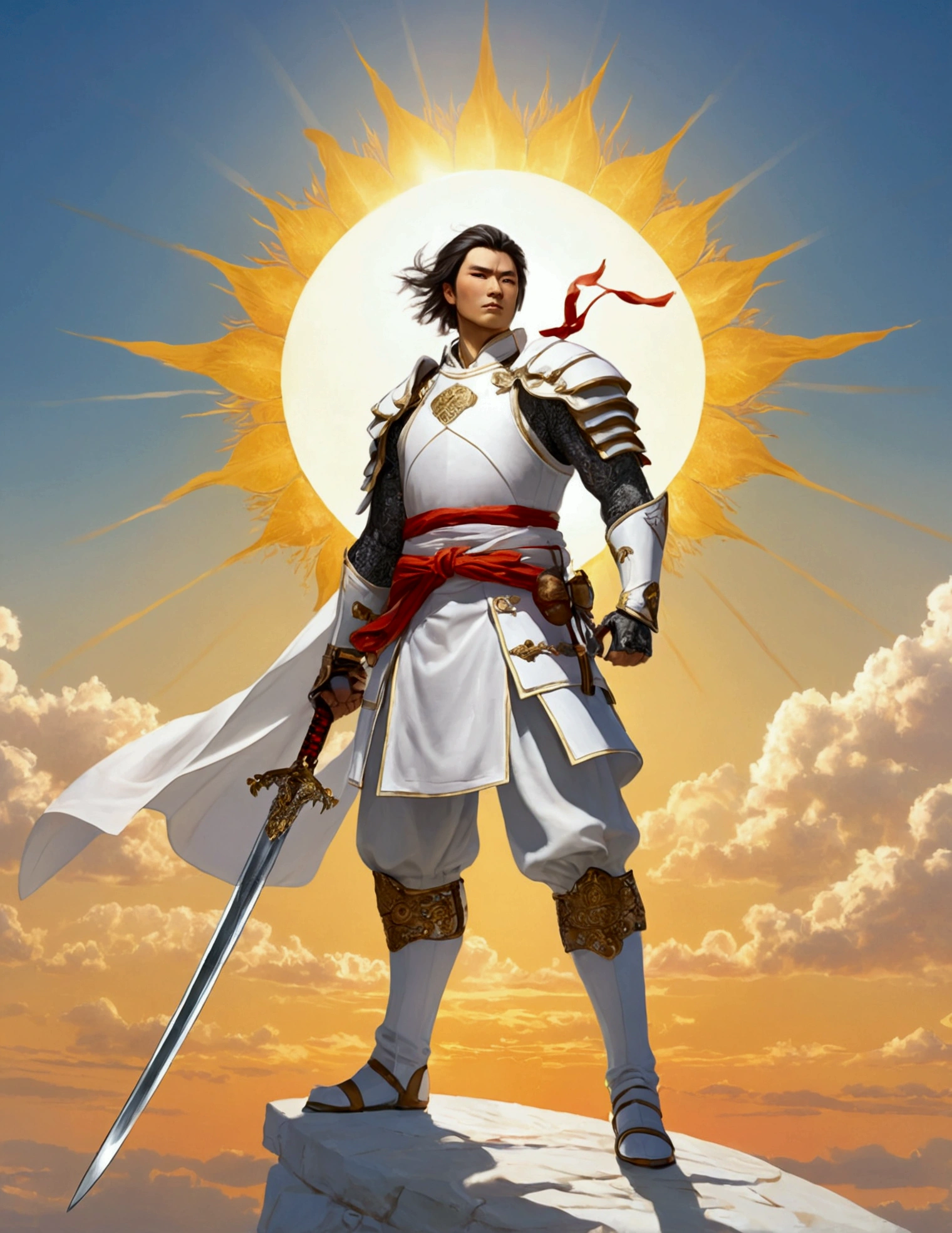 A white-clad swordsman stands at the top of the sky，Behind him stands the glorious sun。