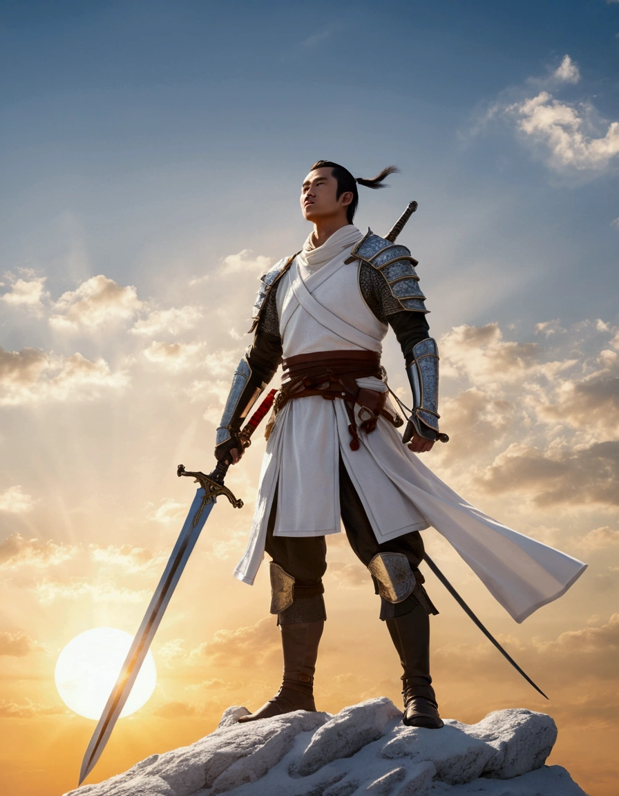 A white-clad swordsman stands at the top of the sky,Behind him stands the glorious sun。