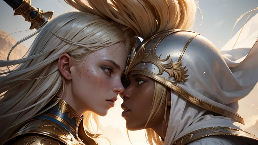 White a blond girl in white armor, an african woman with a sword, female warriors fighting, intricate detailed armor, detailed facial features, dynamic action poses, chiaroscuro lighting, rich saturated colors, fantasy medieval setting, cinematic dramatic composition