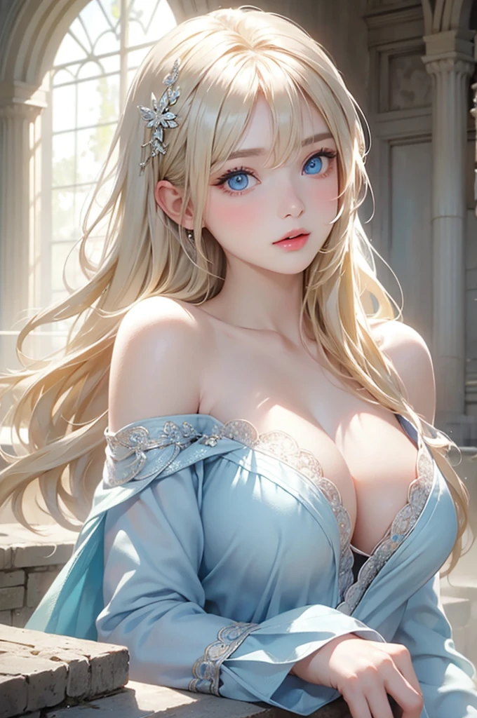 Beautiful white and shining skin、Blonde hair changes color depending on how the light hits it.、Long bangs obstruct the view、Highlights of cheek luster、Sexy, very beautiful, adorable, cute, gorgeous face、The most beautiful face in the world、Super long and gorgeous blonde hair、Smooth straight hair、big, light blue eyes shimmering、Beautiful Bangs、Beautiful and cute old girl、medium breasts, cleavage, from side, Off-the-shoulder clothing、background:GB, ruins