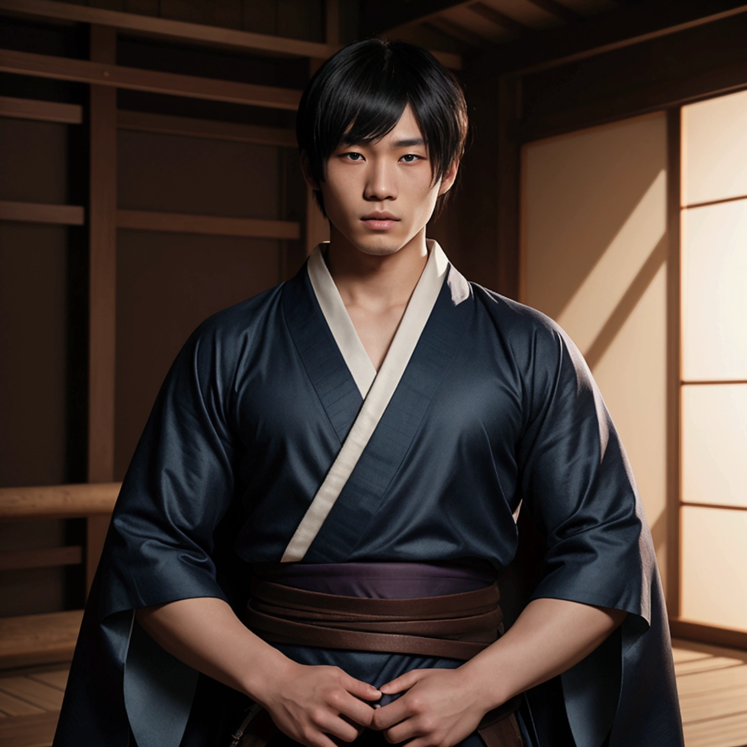 an eighteen year old Japanese man with a razualvemte full physique, have fair skin, I want you to have blue eyes and your hair covers your left eye with bangs, one eye covered by bangs, has a serious expression, and wears a white kimono, has a black cape on its back and has a strong look.. captured in an ultra-realistic full HD 4K portrait, detailed texture showing its menacing shape, Immersive atmosphere, high definition shadow play, digitalpainting, nevoa no environment. he is a swordsman.